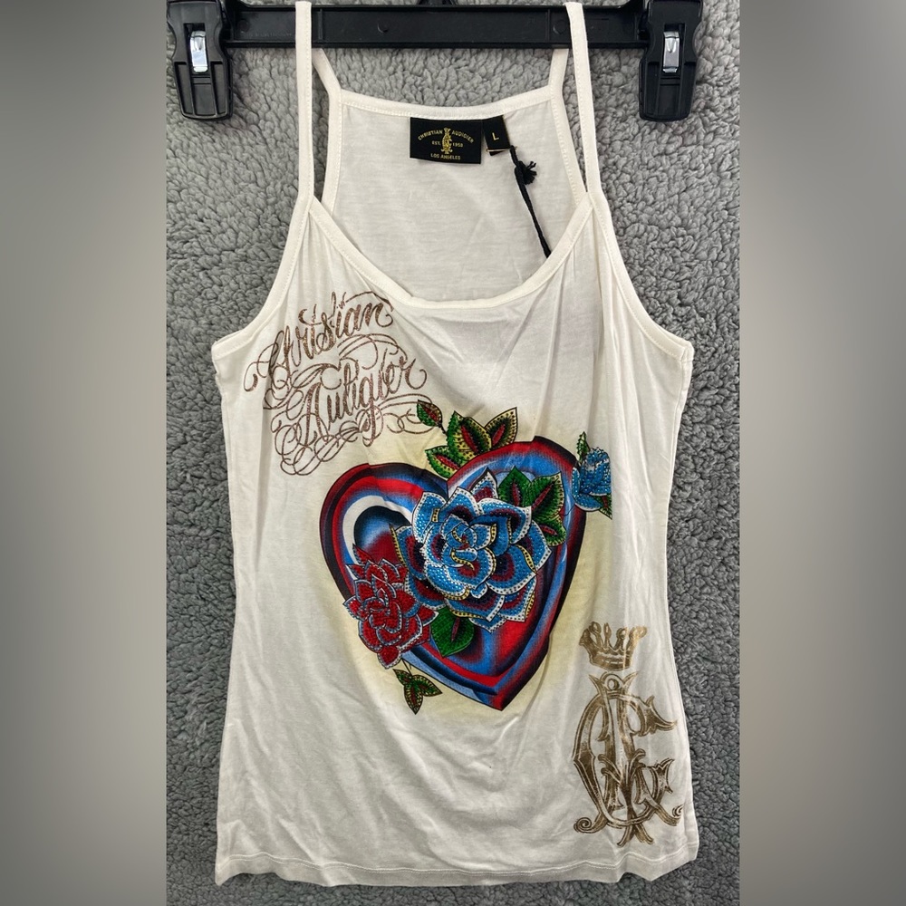 Christian Audigier Vintage Studded Soft Silky White/Gold Tank Size L NWT